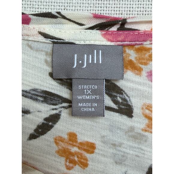 J.Jill Women's Plus Sz 1X Cream Floral Printed Top 100% Cotton 3/4 Sleeves - Picture 10 of 12